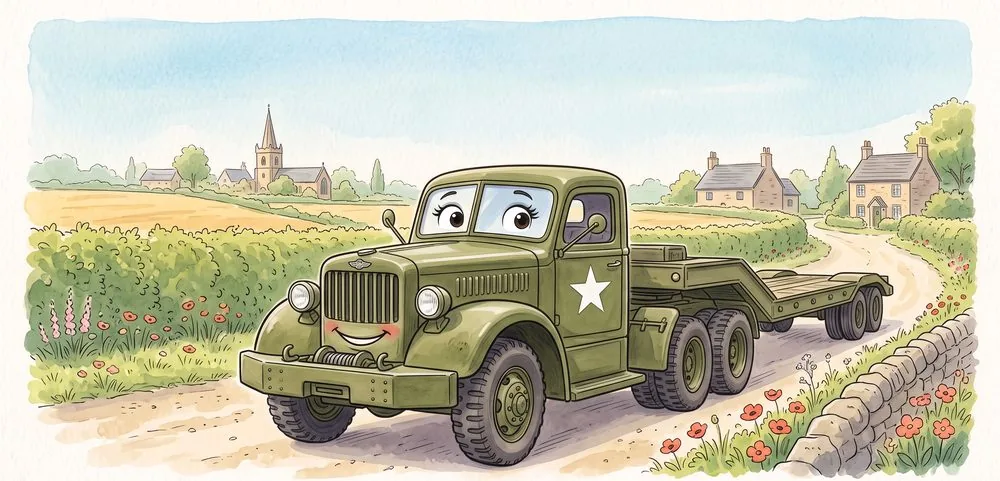 Watercolour illustration of Denise, a friendly Diamond T 980 tank transporter from The Green Machines