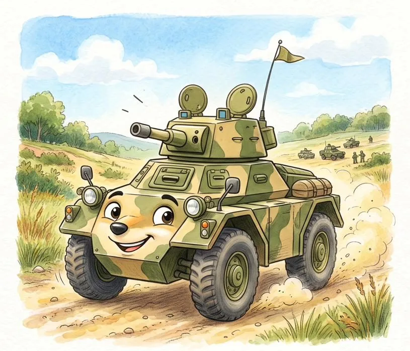 Watercolour illustration of Foxy, a friendly Fox armoured car, CVR(W) from The Green Machines