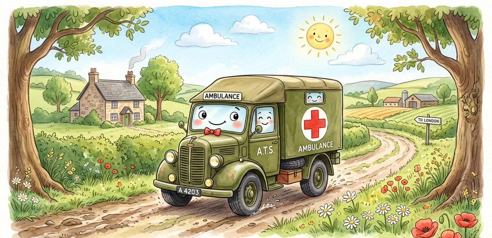 Watercolour illustration of Kitty, a friendly Austin K2/Y ambulance from The Green Machines