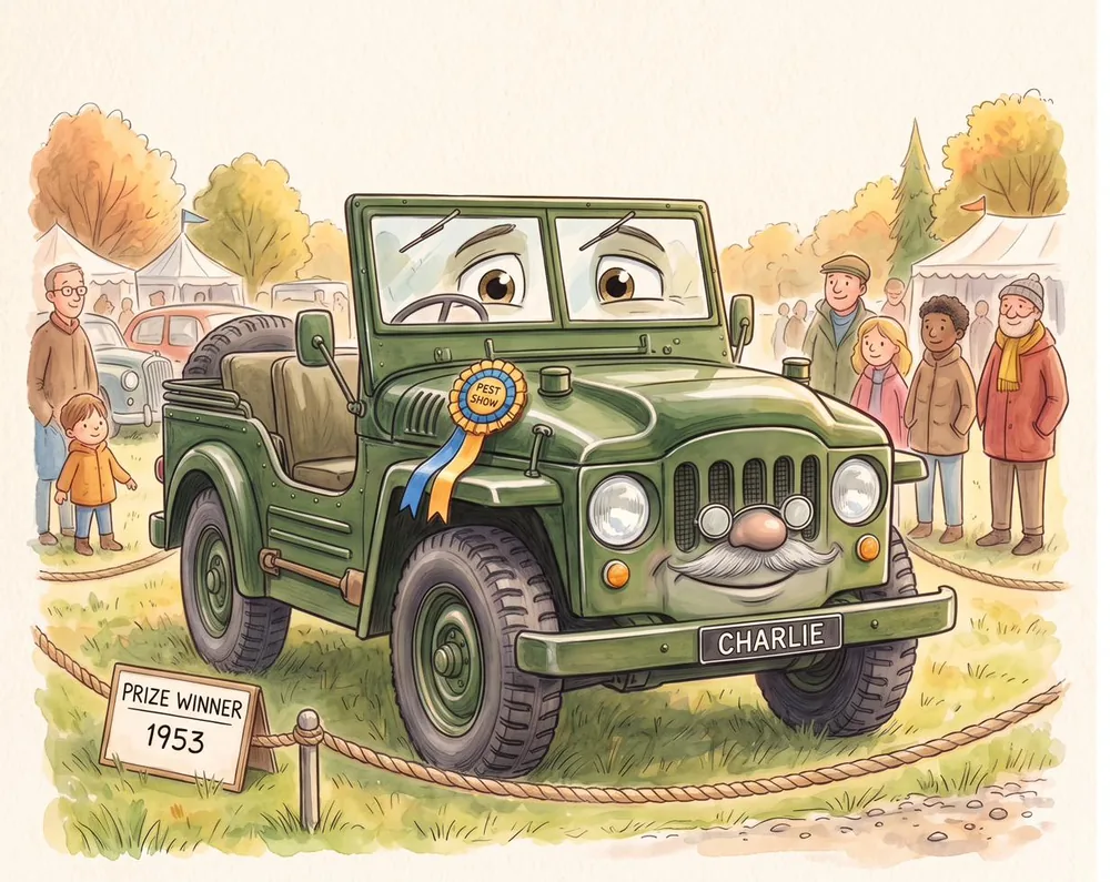 Watercolour illustration of Old Charlie, a friendly Austin Champ from The Green Machines