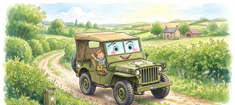 Watercolour illustration of Willy, a friendly Willys MB from The Green Machines